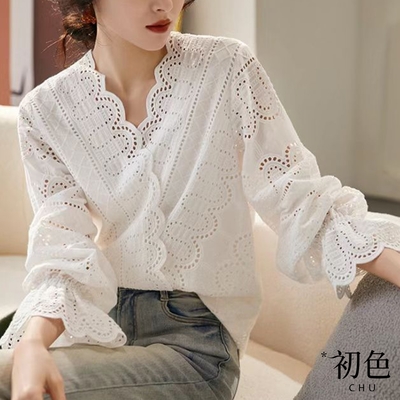 初色 休閒法式鏤空繡花泡泡袖襯衫上衣-白色-66884(M-2XL可選)