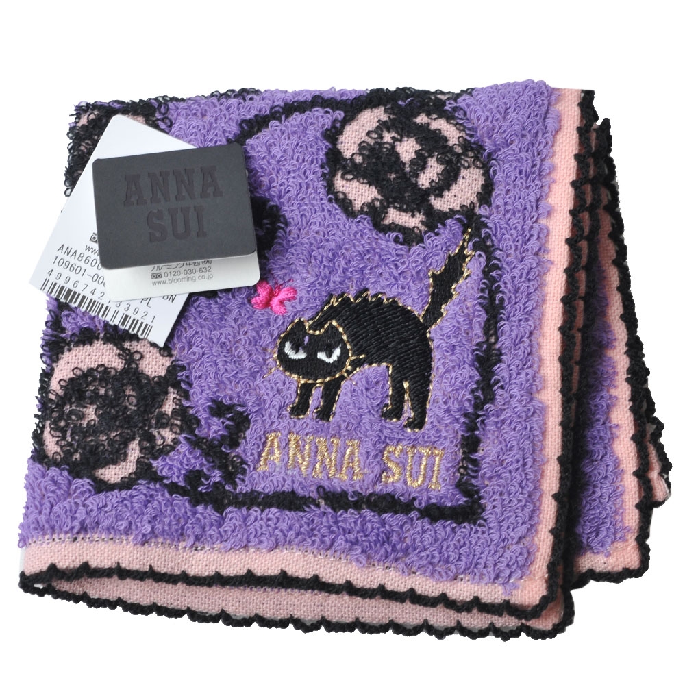 ANNA SUI 可愛黑貓刺繡字母LOGO蝴蝶圖騰小方巾(粉紫色系)