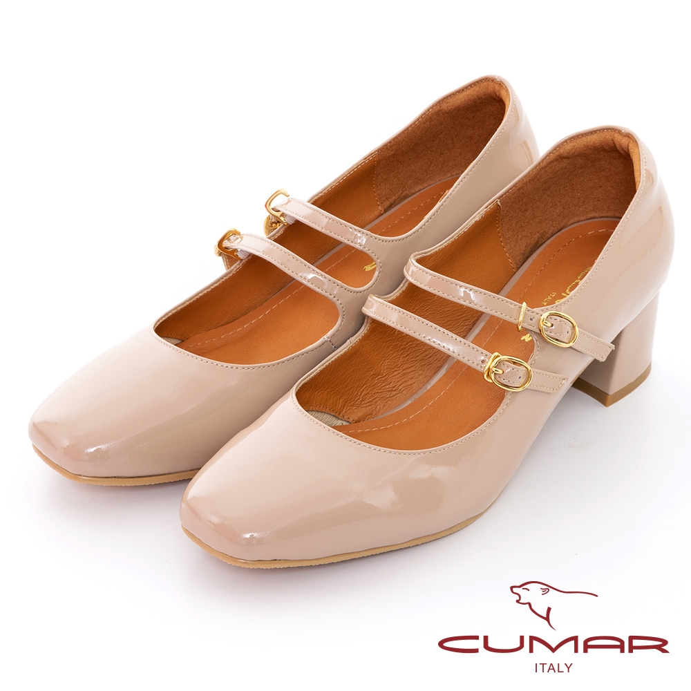 【CUMAR】復古方頭漆皮粗跟雙帶瑪莉珍鞋-杏