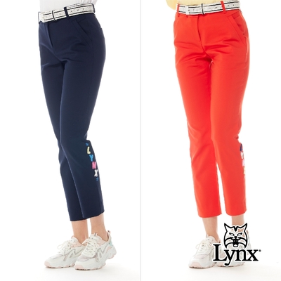 【Lynx Golf】女款混紡材質彈性舒適左小腿Lynx字樣毛巾繡花窄管九分褲(二色)