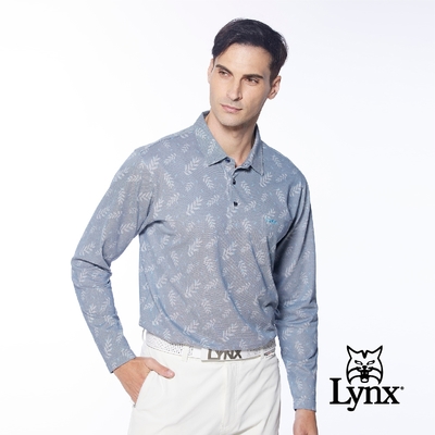 【Lynx Golf】男款吸排抗UV樹葉幸運草圖樣胸袋款長袖POLO衫/高爾夫球衫-深藍色