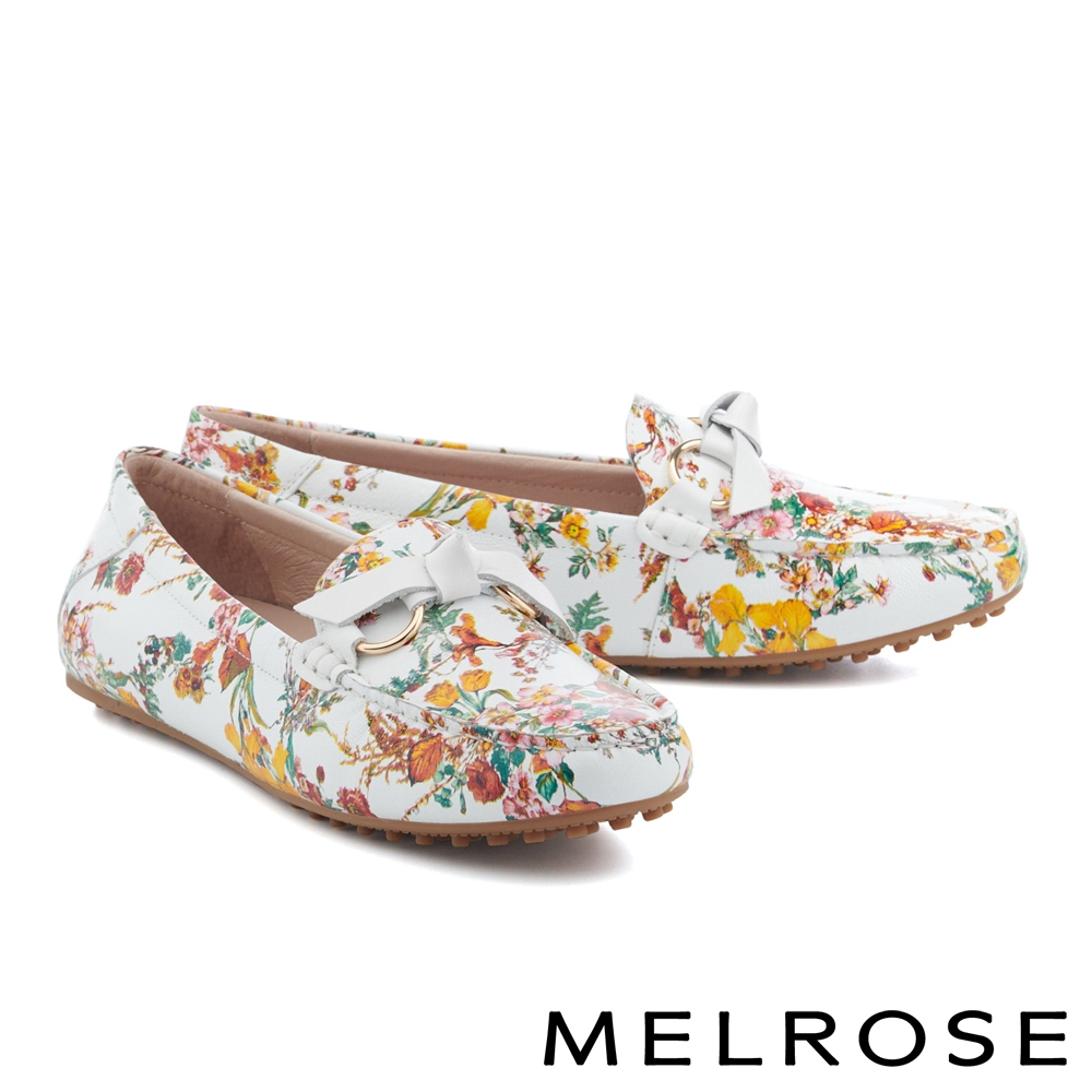 平底鞋 MELROSE 美樂斯 精緻印花蝴蝶扭結全真皮樂福平底鞋－白