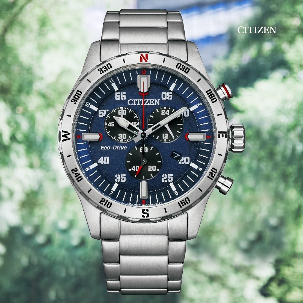 CITIZEN 星辰 Chronograph 光動能 計時碼錶三眼不鏽鋼腕錶-藍43.5mm(AT2520-89L 防水100米)