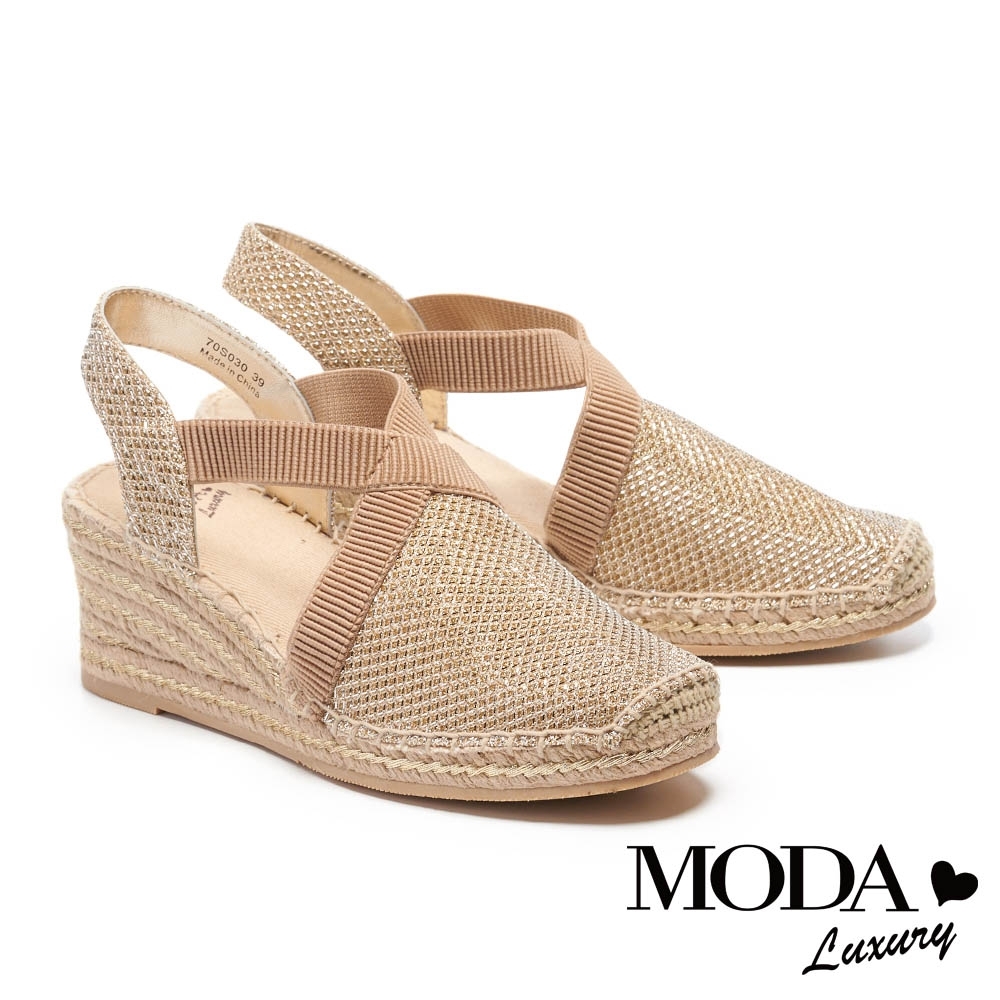 涼鞋 MODA Luxury 閃亮渡假風交叉鬆緊帶草編楔型涼鞋－金