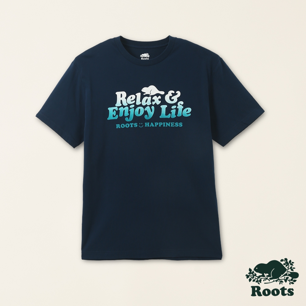 Roots男裝-擁抱真我系列 漸層文字設計有機棉短袖T恤-深藍色