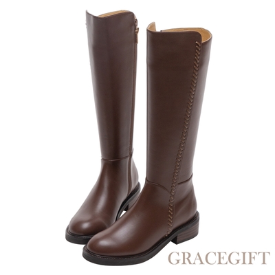 【Grace Gift】逸歡聯名-精緻小裁縫圓頭細節長靴 咖