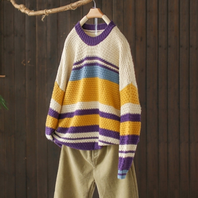 彩虹條紋提花拼接圓領毛衣寬鬆長袖針織衫-設計所在