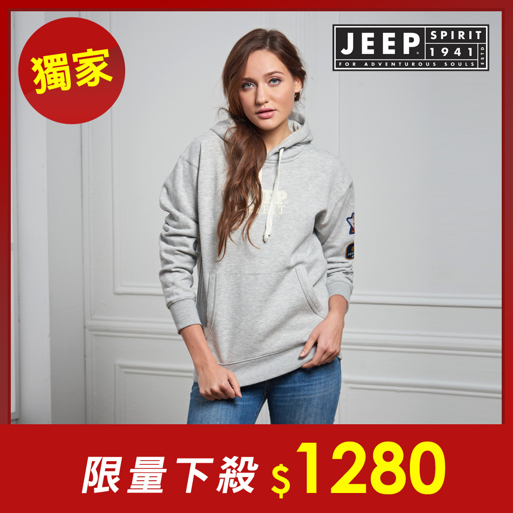 JEEP 簡約舒適立體圖騰連帽TEE-男女適穿 -灰色