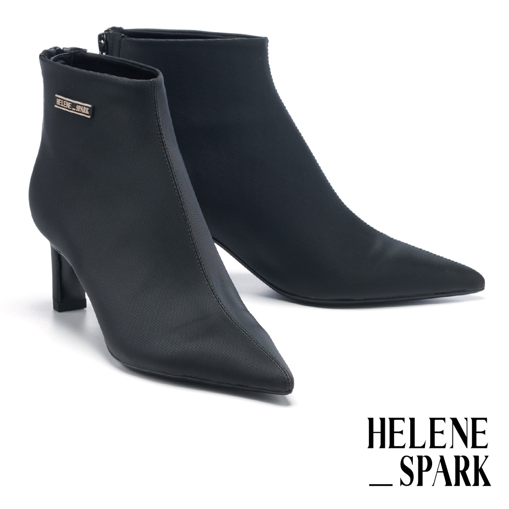 短靴 HELENE_SPARK 舒適時尚 LOGO 膠片彈力皮革尖頭高跟短靴－黑