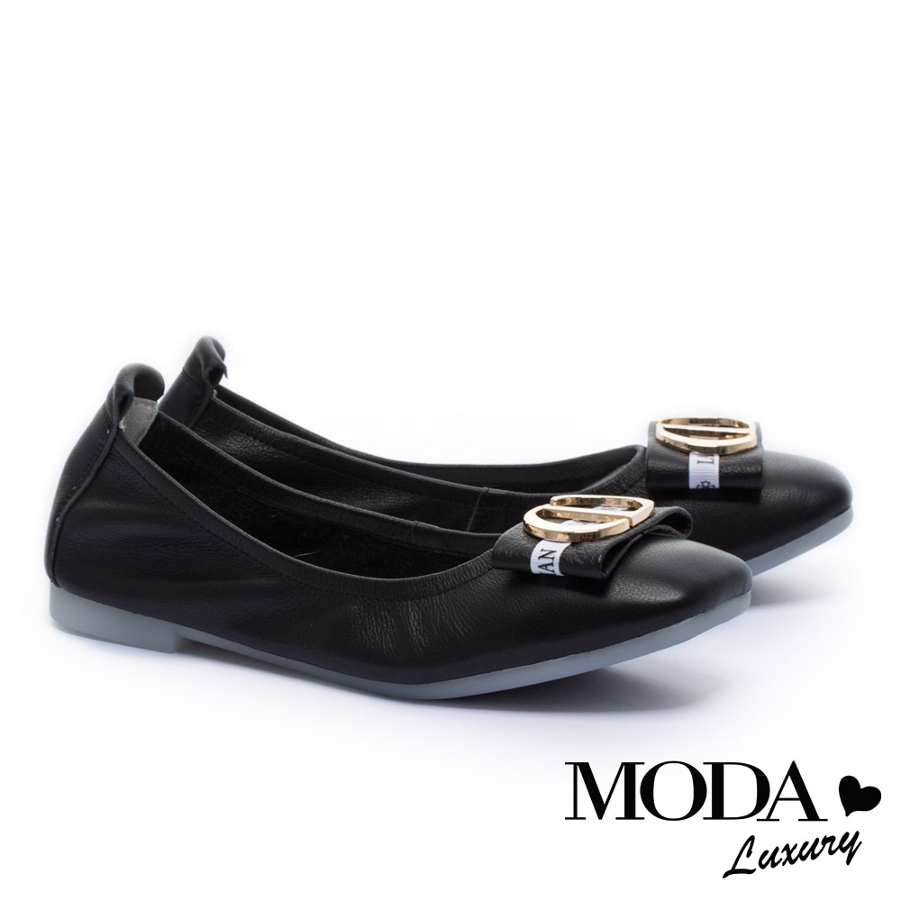 低跟鞋 MODA Luxury 優雅字母飾釦全真皮方頭低跟鞋－黑