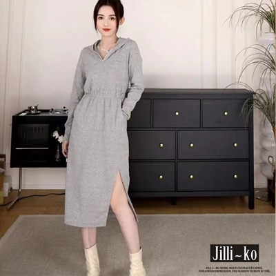 JILLI-KO 連帽開衩連衣裙中長款收腰顯瘦設計感長洋裝- 灰色