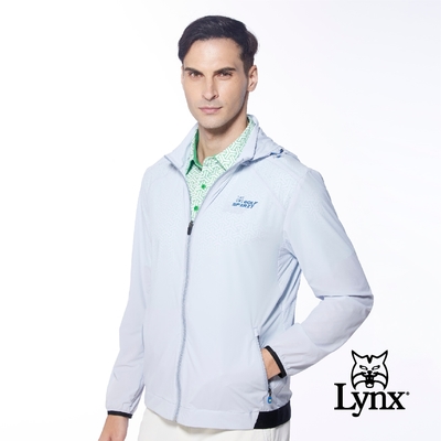 【Lynx Golf】男款輕量透氣LOGO鬆緊帶設計拉鍊口袋連帽可拆式長袖外套-淺灰色