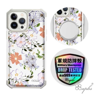 apbs iPhone 13 Pro Max / 13 Pro / 13 軍規防摔皮革磁吸手機殼-經典牛紋-芬芳花卉(上光版)白殼