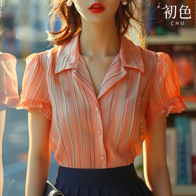 初色 法式翻領花邊短袖荷葉邊條紋襯衫上衣女上衣-橙色-34036(M-2XL可選)