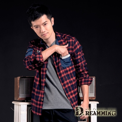 Dreamming 潮男單寧口袋法蘭絨格紋長袖襯衫-紅色