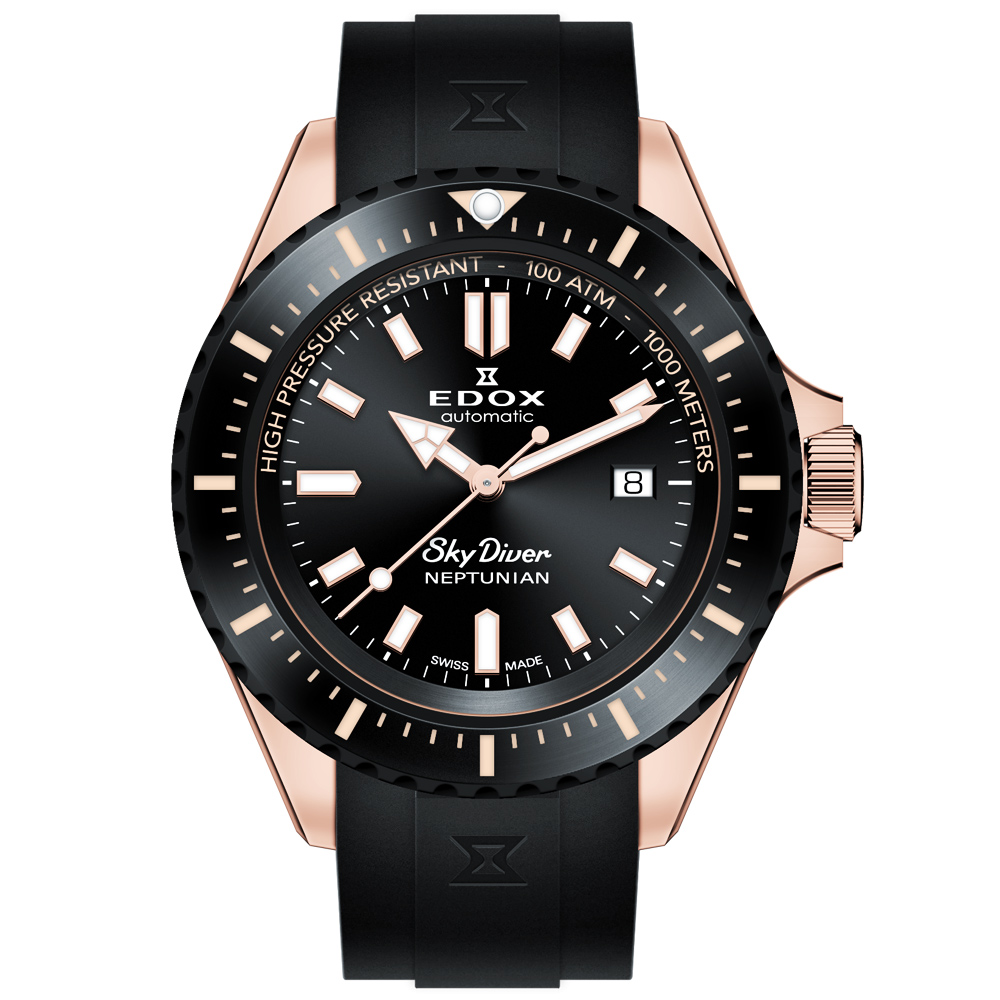 EDOX SkyDiver 海神波賽頓 1000米潛水機械錶-黑x玫瑰金(E80120.37RNNCA.NIR)