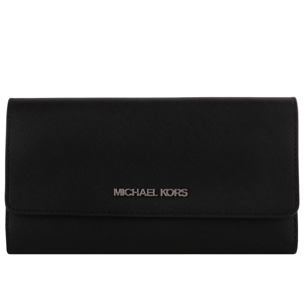 MICHAEL KORS 銀字防刮皮革暗釦三折長夾(黑)