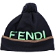 FENDI 草綠LOGO字樣毛球純羊毛針織毛帽(深藍色) product thumbnail 1