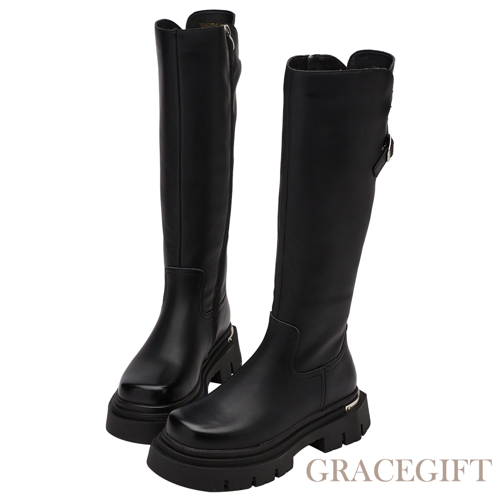 【Grace Gift】前衛金屬感後交叉膝下靴 黑