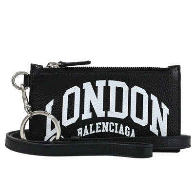 BALENCIAGA LONDON 城市系列英字LOGO牛皮頸掛式卡片零錢包(黑)