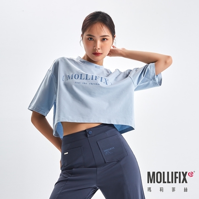 Mollifix 瑪莉菲絲 落肩寬鬆潮流短袖上衣、瑜珈服(淺藍)