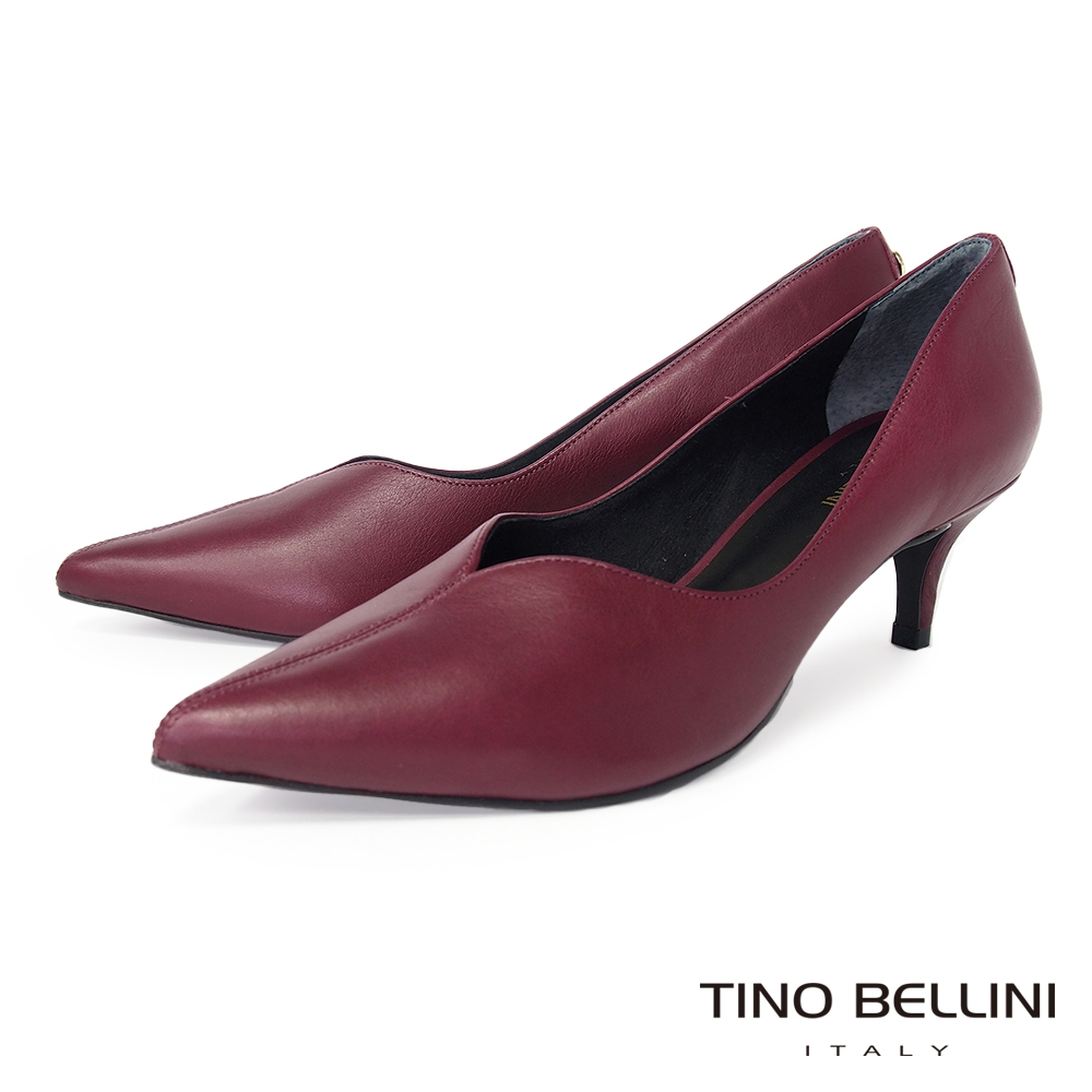 Tino Bellini 巴西進口牛皮優雅V弧線尖頭跟鞋-酒紅
