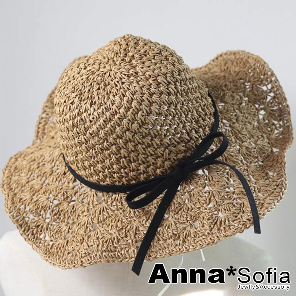 AnnaSofia 手工花編簷黑綁帶 寬簷防曬遮陽草帽(駝系)