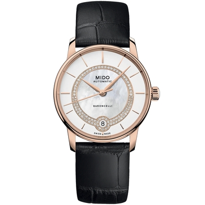 MIDO 美度 官方授權 BARONCELLI 永恆真鑽機械女錶 母親節禮物-33mm M0378073603100