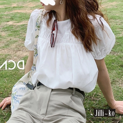 JILLI-KO 法式復古甜美泡泡短袖娃娃上衣 - 白色