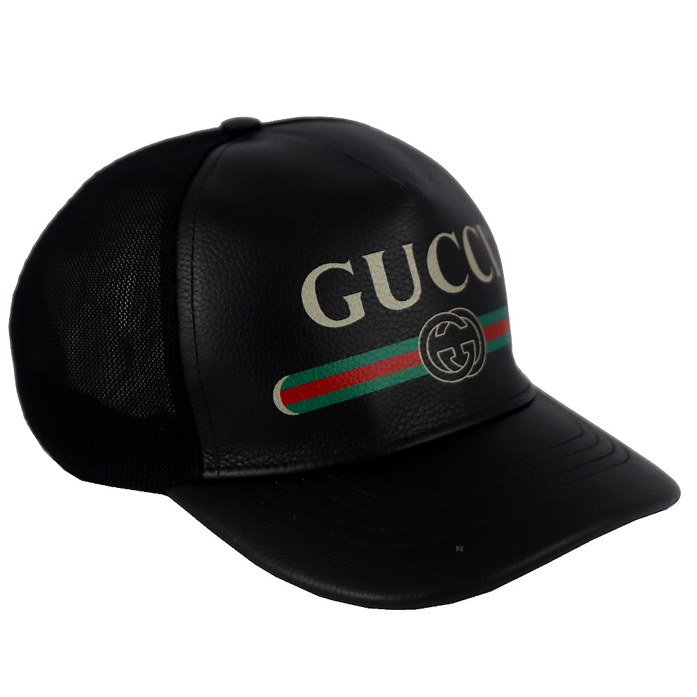 GUCCI Print 黑色皮革品牌標誌圖騰棒球帽