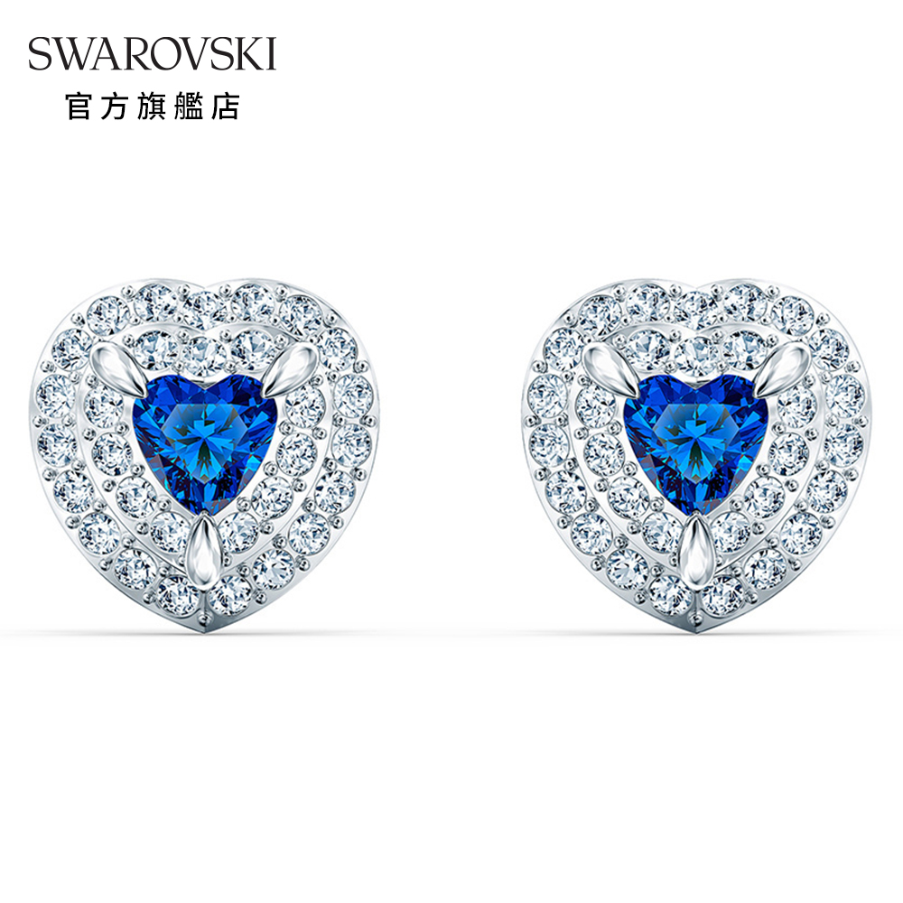 SWAROVSKI 125週年系列施華洛世奇 One 白金色藍水晶愛心耳釘