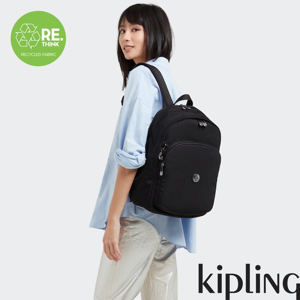 Kipling 經典百搭黑時尚拉鍊大開口後背包-DELIA M