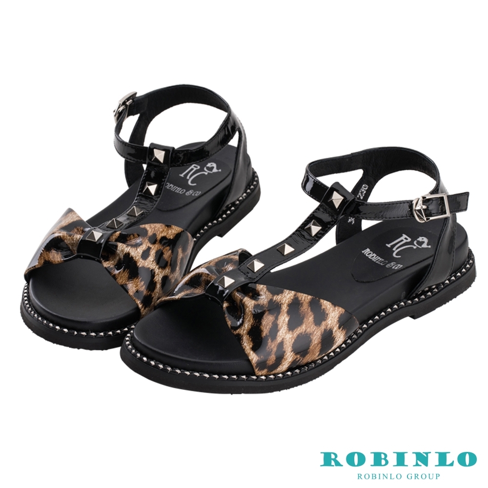 Robinlo個性豹紋鉚釘交叉繫帶涼拖鞋 黑色