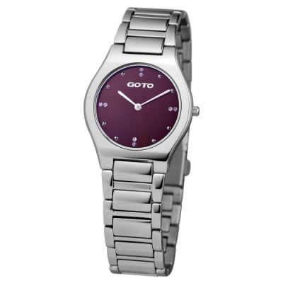 GOTO 經典薄款晶鑽時尚手錶-酒紅/34mm