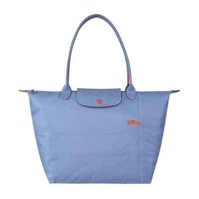 LONGCHAMP COLLECTION刺繡LOGO尼龍摺疊款長把拉鍊肩背包(大/霧藍x橘)