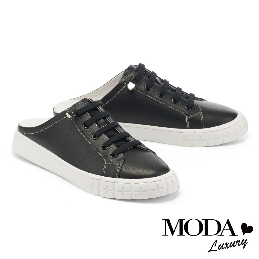 拖鞋 MODA Luxury 簡約率性鬆緊鞋帶休閒厚底拖鞋－黑