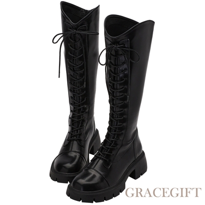 【Grace Gift】V口後拉鍊厚底綁帶長靴 黑