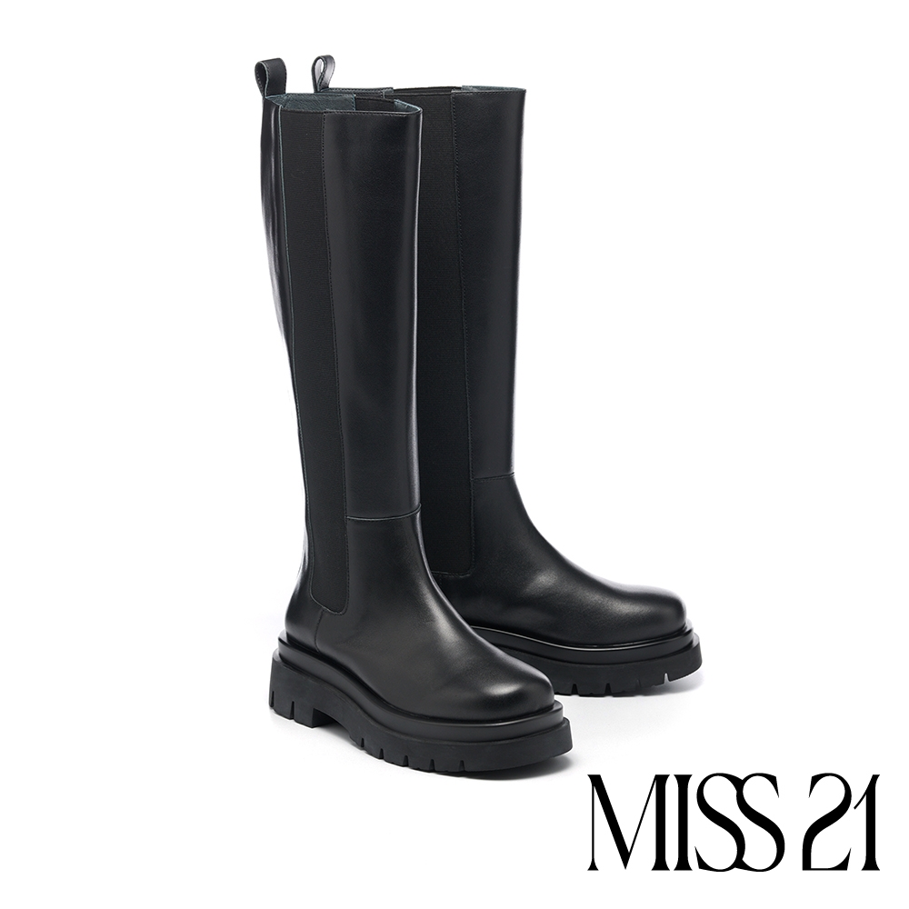 長靴 MISS 21 極簡時髦純色牛皮切爾西厚底長靴－黑