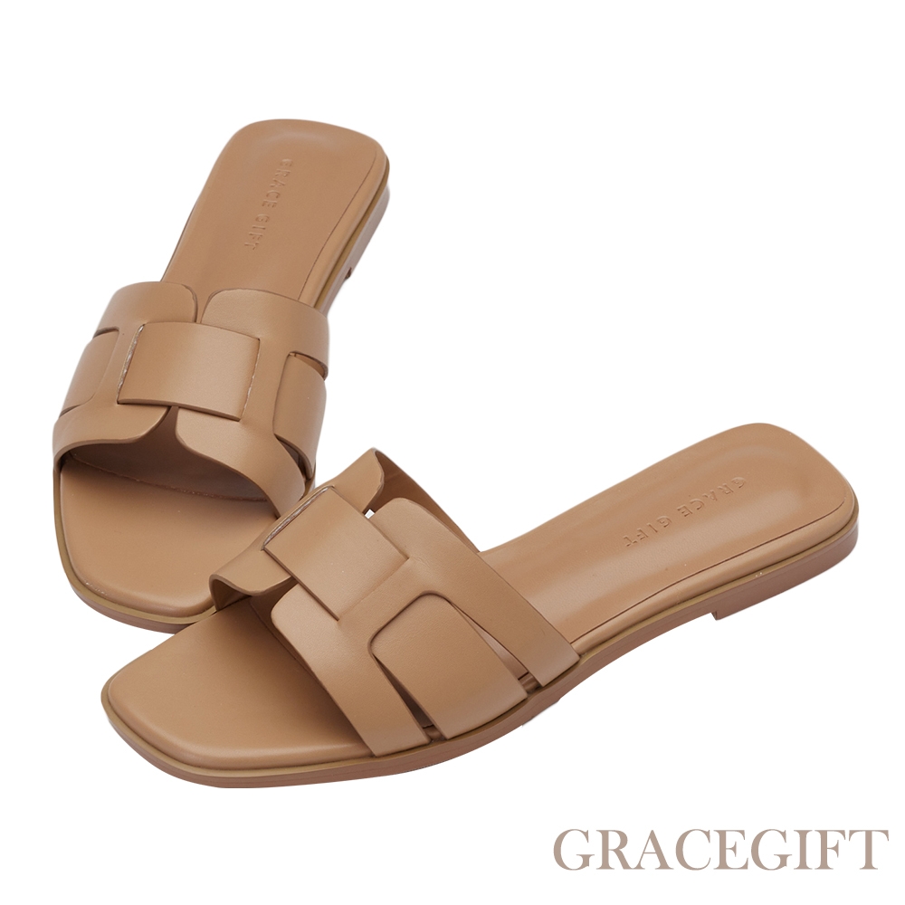 【Grace Gift】斜方頭編織感平底拖鞋 駝