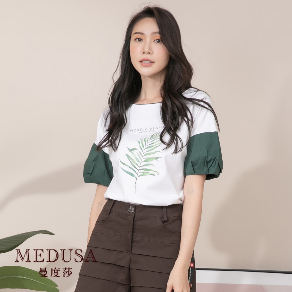 現貨【MEDUSA 曼度莎】泡泡袖拼接植物落肩寬領Tee（M-XL）｜女裝 上衣 T恤｜絲感嫘縈