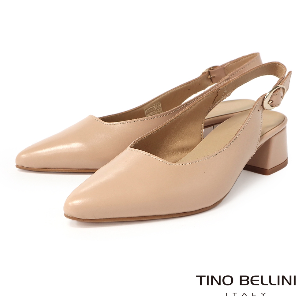 Tino Bellini 義大利進口牛皮尖楦後釦帶粗跟鞋-米