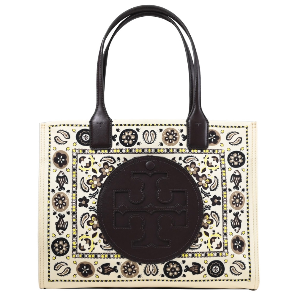 TORY BURCH Ella Tote 滿版花卉圖案尼龍肩背托特包/購物包(黑邊)