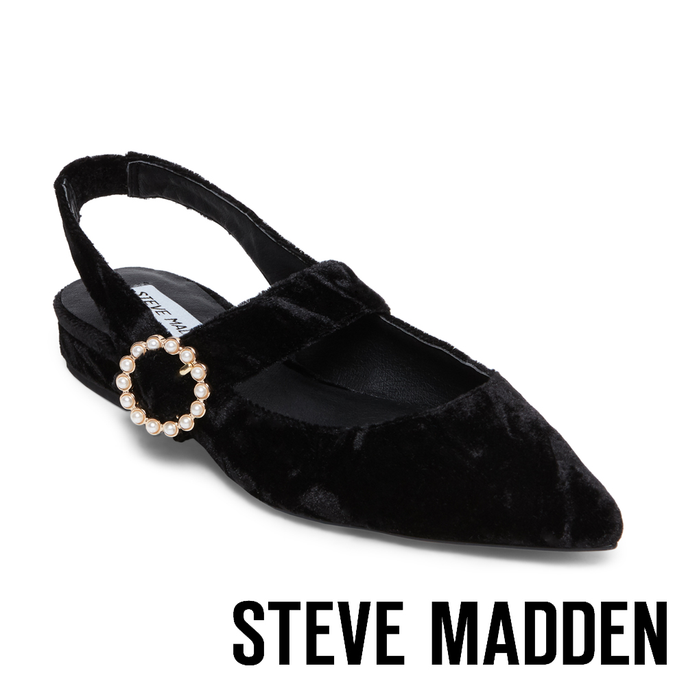 STEVE MADDEN-STORMY 尖頭珍珠圓扣低跟涼鞋-黑色