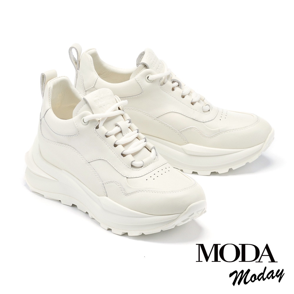 休閒鞋 MODA MODAY 街頭潮感層次牛皮厚底休閒鞋－白