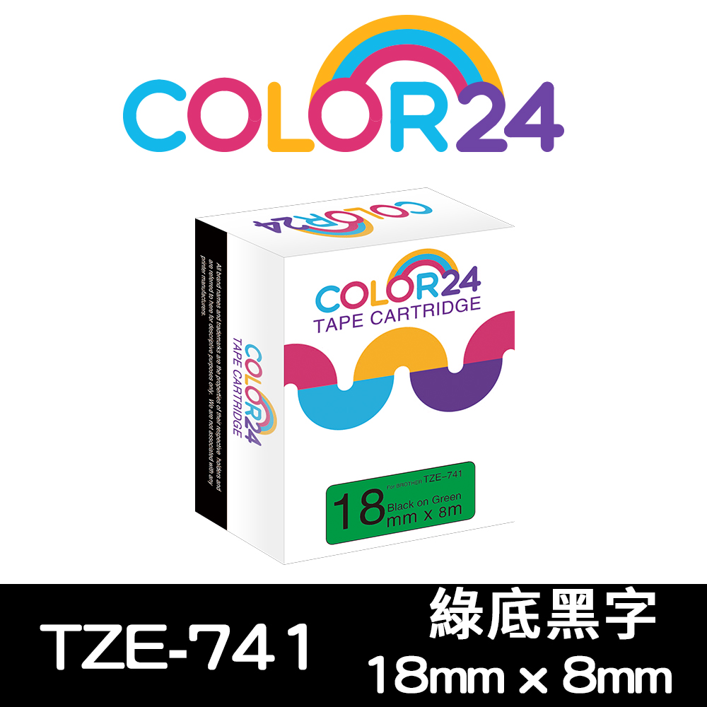 Color24 for Brother TZe-741 綠底黑字相容標籤帶(寬度18mm)