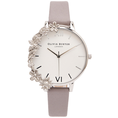 OLIVIA BURTON  華麗花朵風皮革錶帶手錶-白面/38mm