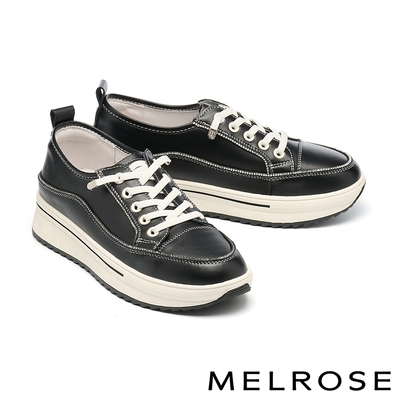 休閒鞋 MELROSE 美樂斯 簡約日常閃鑽彈性鞋帶牛皮厚底休閒鞋－黑