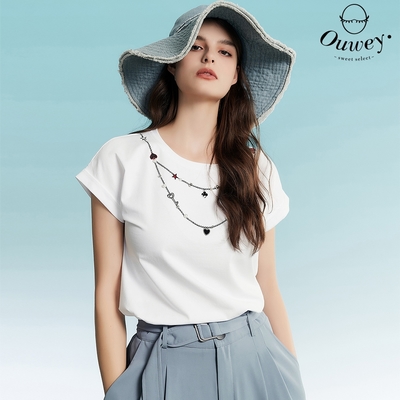 OUWEY歐薇 造型釘珠項鍊刺繡高含棉連袖上衣(白色；S-L)3232061201