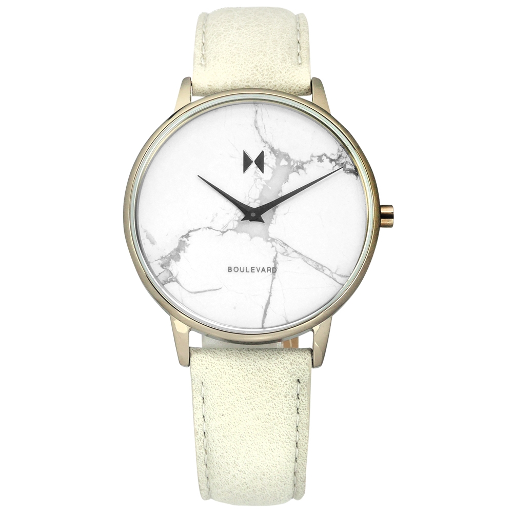 MVMT / 大理石面板 日本機芯 真皮手錶-白x古銅金框x米灰/38mm