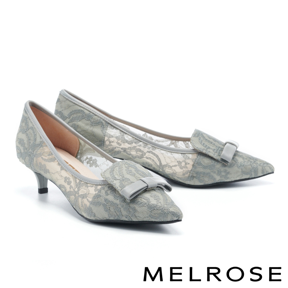 高跟鞋 MELROSE 簡約時尚蝴蝶結蕾絲網布尖頭高跟鞋－灰